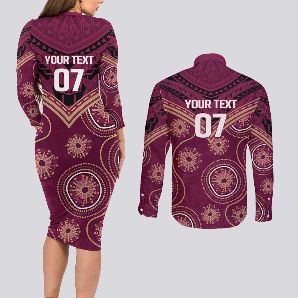 Personalized Australia QLD Maroons Couples Matching Long Sleeve Bodycon Dress and Long Sleeve Button Shirt Indigenous Aboriginal Mix Polynesian Motifs