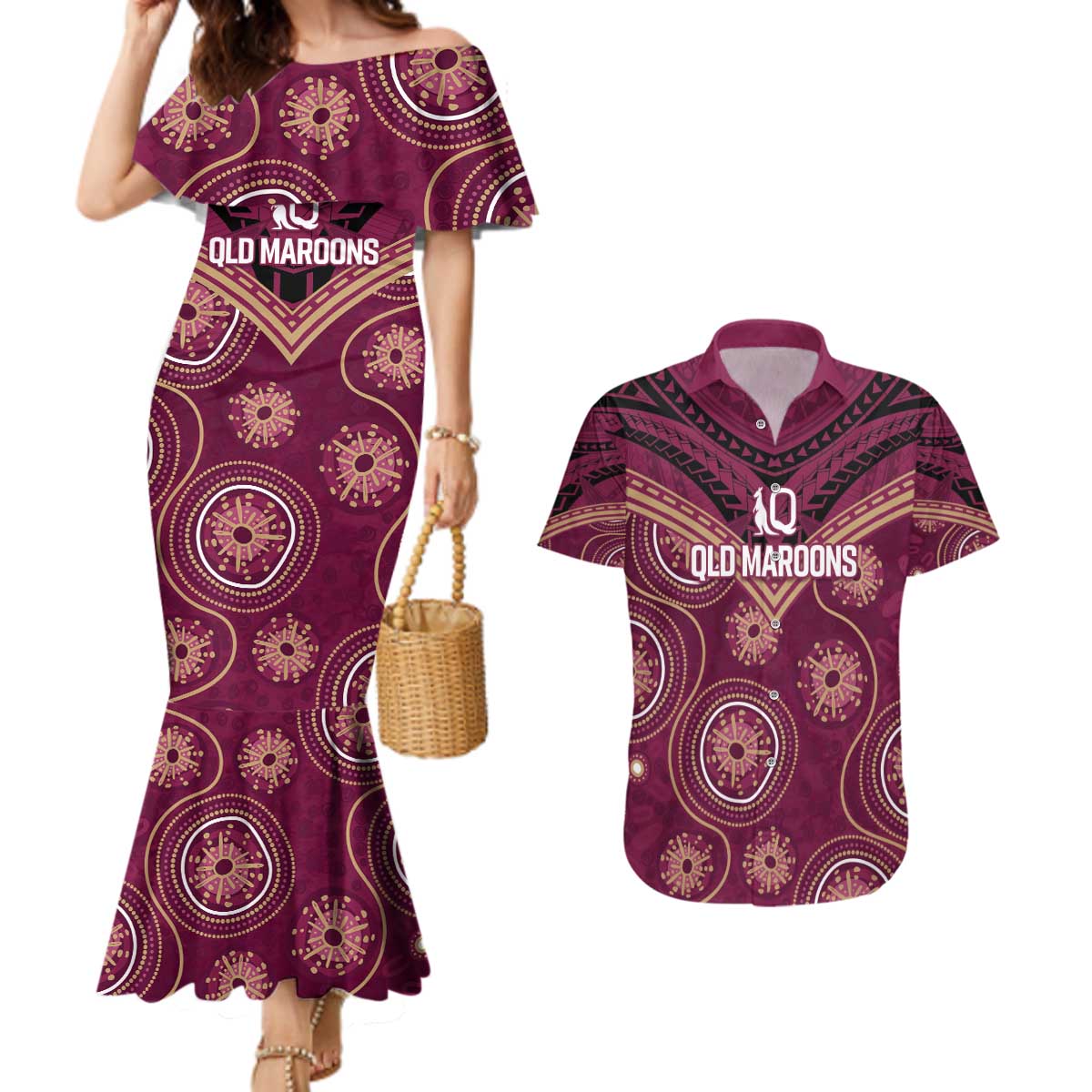 Personalized Australia QLD Maroons Couples Matching Mermaid Dress and Hawaiian Shirt Indigenous Aboriginal Mix Polynesian Motifs