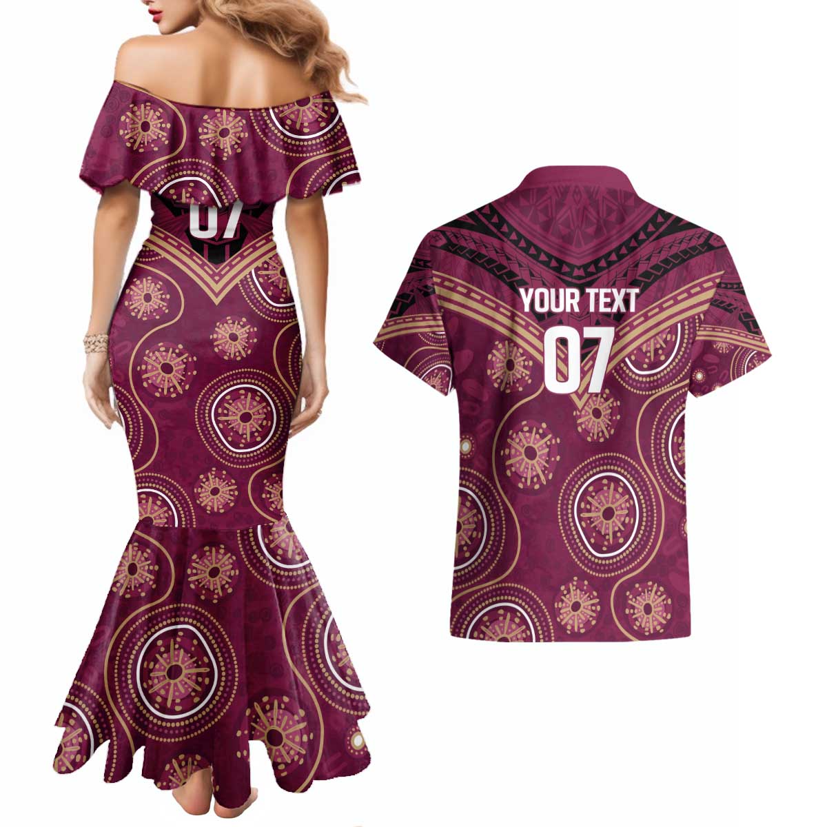 Personalized Australia QLD Maroons Couples Matching Mermaid Dress and Hawaiian Shirt Indigenous Aboriginal Mix Polynesian Motifs