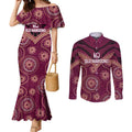 Personalized Australia QLD Maroons Couples Matching Mermaid Dress and Long Sleeve Button Shirt Indigenous Aboriginal Mix Polynesian Motifs