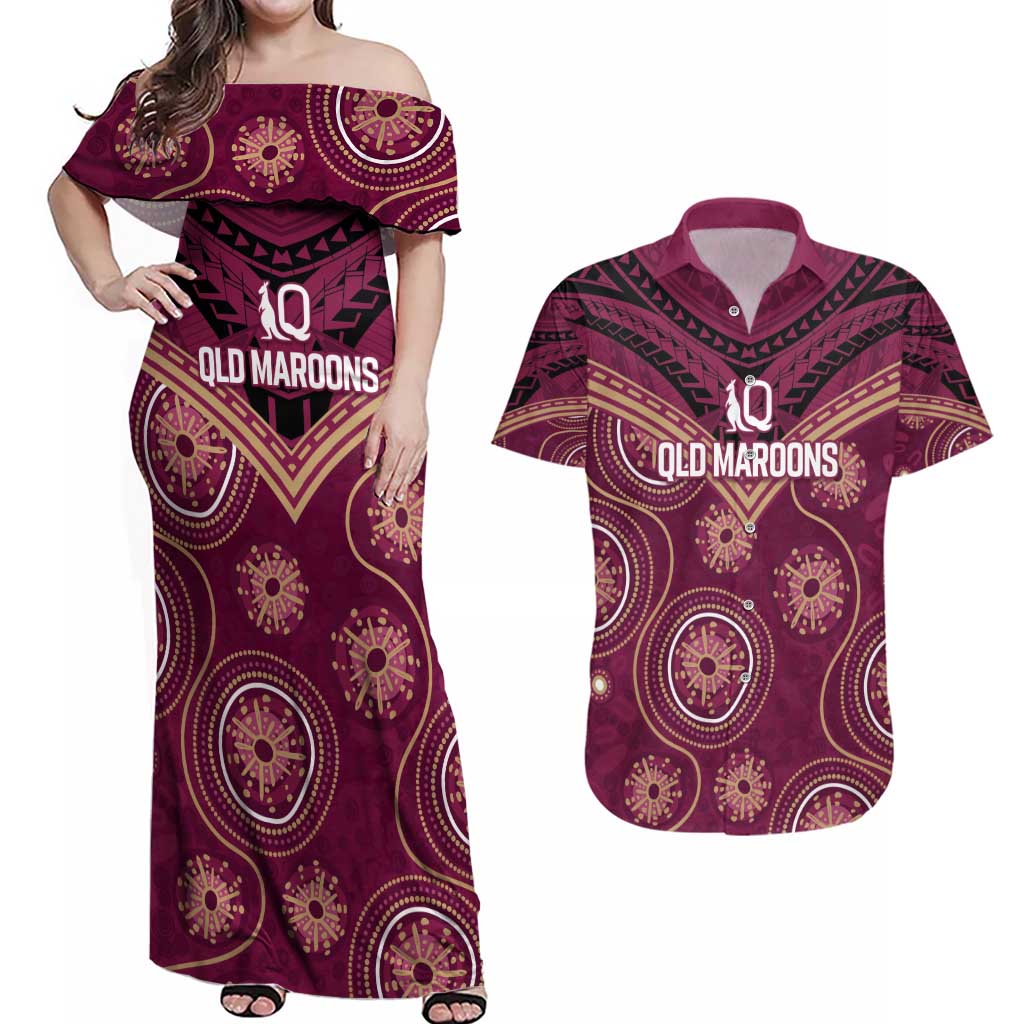 Personalized Australia QLD Maroons Couples Matching Off Shoulder Maxi Dress and Hawaiian Shirt Indigenous Aboriginal Mix Polynesian Motifs
