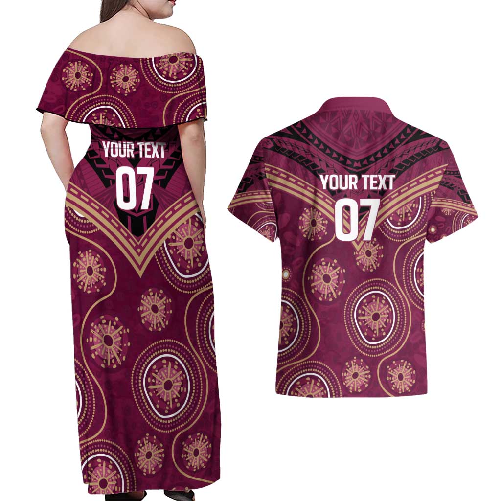 Personalized Australia QLD Maroons Couples Matching Off Shoulder Maxi Dress and Hawaiian Shirt Indigenous Aboriginal Mix Polynesian Motifs