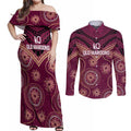 Personalized Australia QLD Maroons Couples Matching Off Shoulder Maxi Dress and Long Sleeve Button Shirt Indigenous Aboriginal Mix Polynesian Motifs