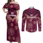 Personalized Australia QLD Maroons Couples Matching Off Shoulder Maxi Dress and Long Sleeve Button Shirt Indigenous Aboriginal Mix Polynesian Motifs
