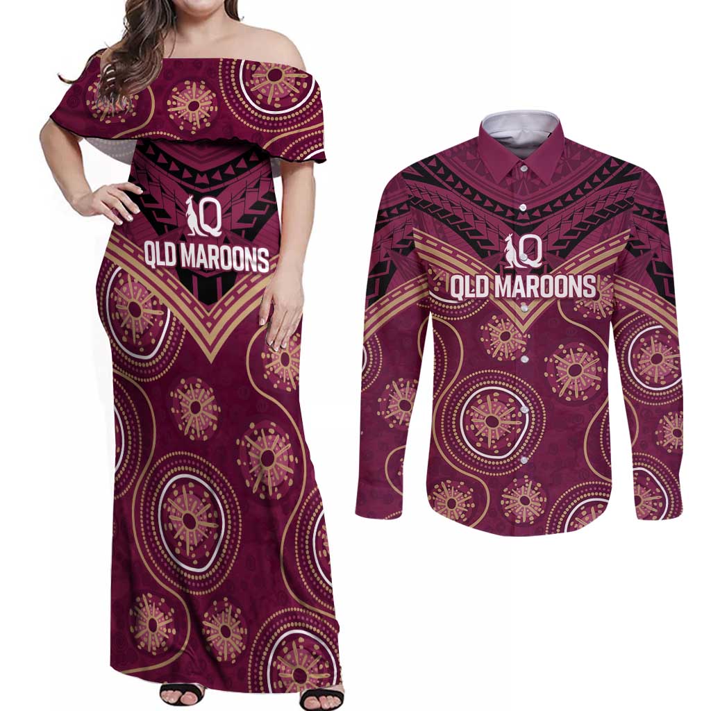 Personalized Australia QLD Maroons Couples Matching Off Shoulder Maxi Dress and Long Sleeve Button Shirt Indigenous Aboriginal Mix Polynesian Motifs