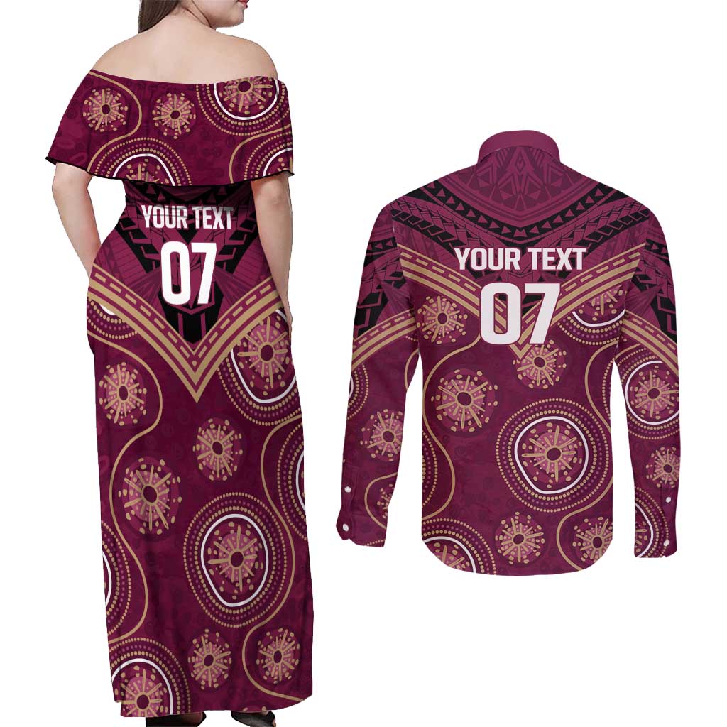 Personalized Australia QLD Maroons Couples Matching Off Shoulder Maxi Dress and Long Sleeve Button Shirt Indigenous Aboriginal Mix Polynesian Motifs