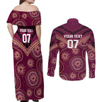 Personalized Australia QLD Maroons Couples Matching Off Shoulder Maxi Dress and Long Sleeve Button Shirt Indigenous Aboriginal Mix Polynesian Motifs