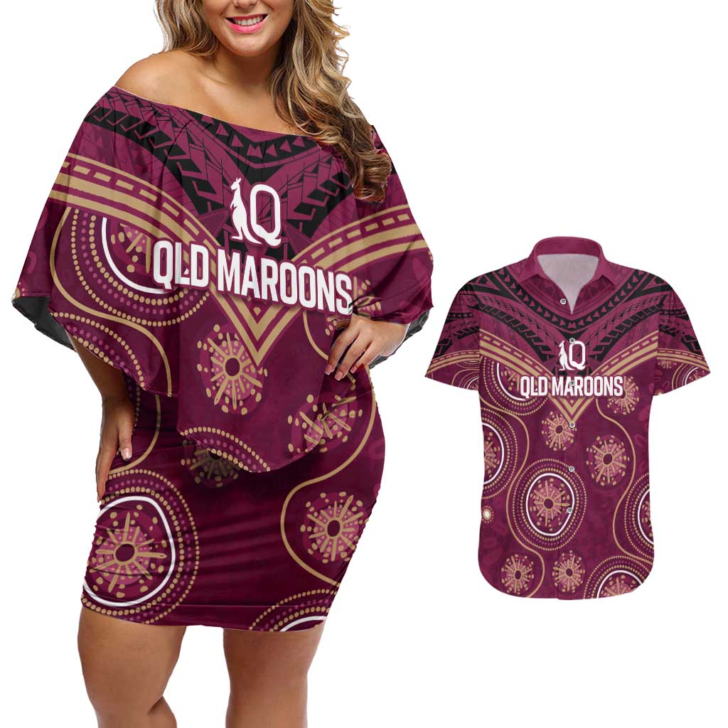 Personalized Australia QLD Maroons Couples Matching Off Shoulder Short Dress and Hawaiian Shirt Indigenous Aboriginal Mix Polynesian Motifs