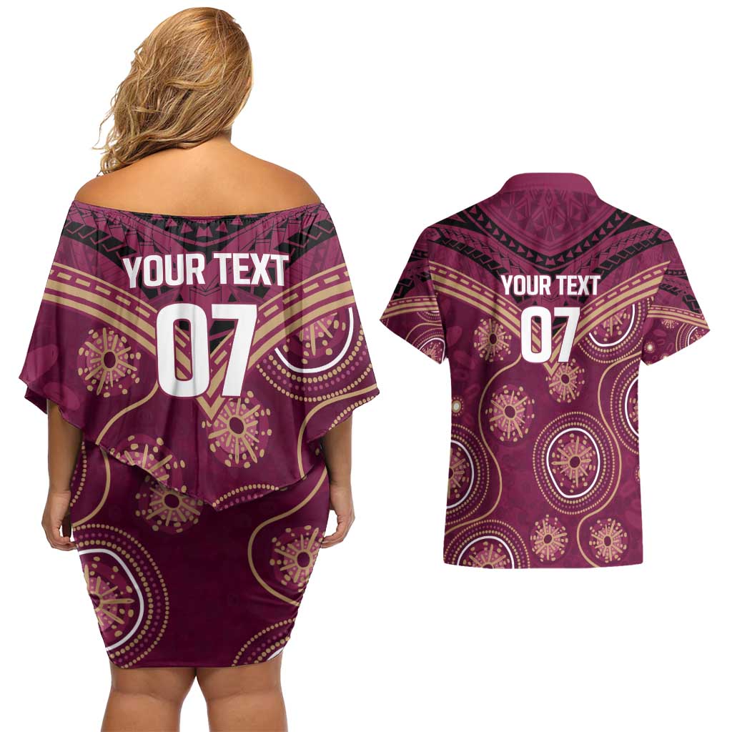 Personalized Australia QLD Maroons Couples Matching Off Shoulder Short Dress and Hawaiian Shirt Indigenous Aboriginal Mix Polynesian Motifs