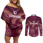 Personalized Australia QLD Maroons Couples Matching Off Shoulder Short Dress and Long Sleeve Button Shirt Indigenous Aboriginal Mix Polynesian Motifs