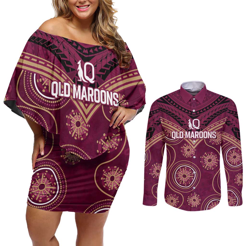 Personalized Australia QLD Maroons Couples Matching Off Shoulder Short Dress and Long Sleeve Button Shirt Indigenous Aboriginal Mix Polynesian Motifs