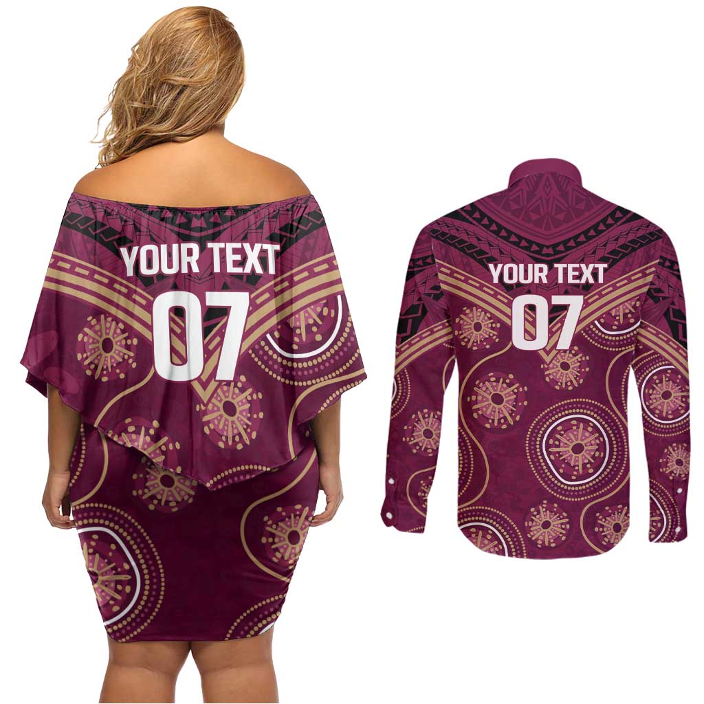 Personalized Australia QLD Maroons Couples Matching Off Shoulder Short Dress and Long Sleeve Button Shirt Indigenous Aboriginal Mix Polynesian Motifs
