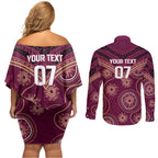 Personalized Australia QLD Maroons Couples Matching Off Shoulder Short Dress and Long Sleeve Button Shirt Indigenous Aboriginal Mix Polynesian Motifs