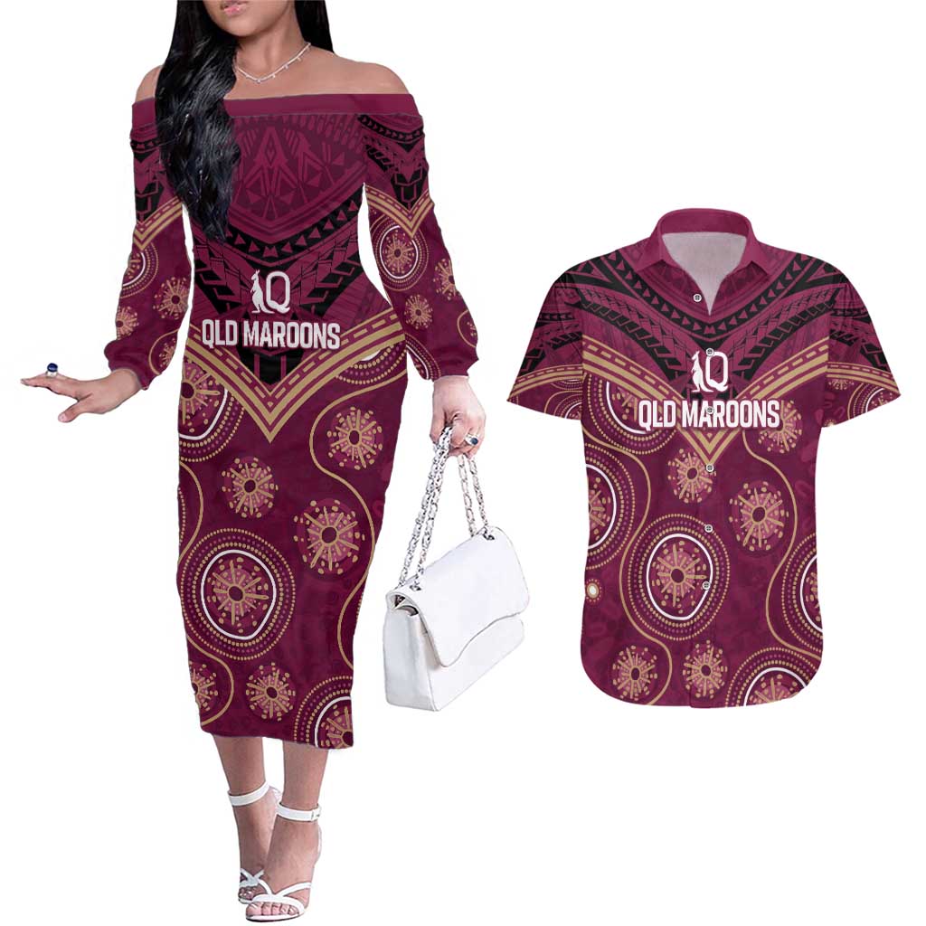 Personalized Australia QLD Maroons Couples Matching Off The Shoulder Long Sleeve Dress and Hawaiian Shirt Indigenous Aboriginal Mix Polynesian Motifs
