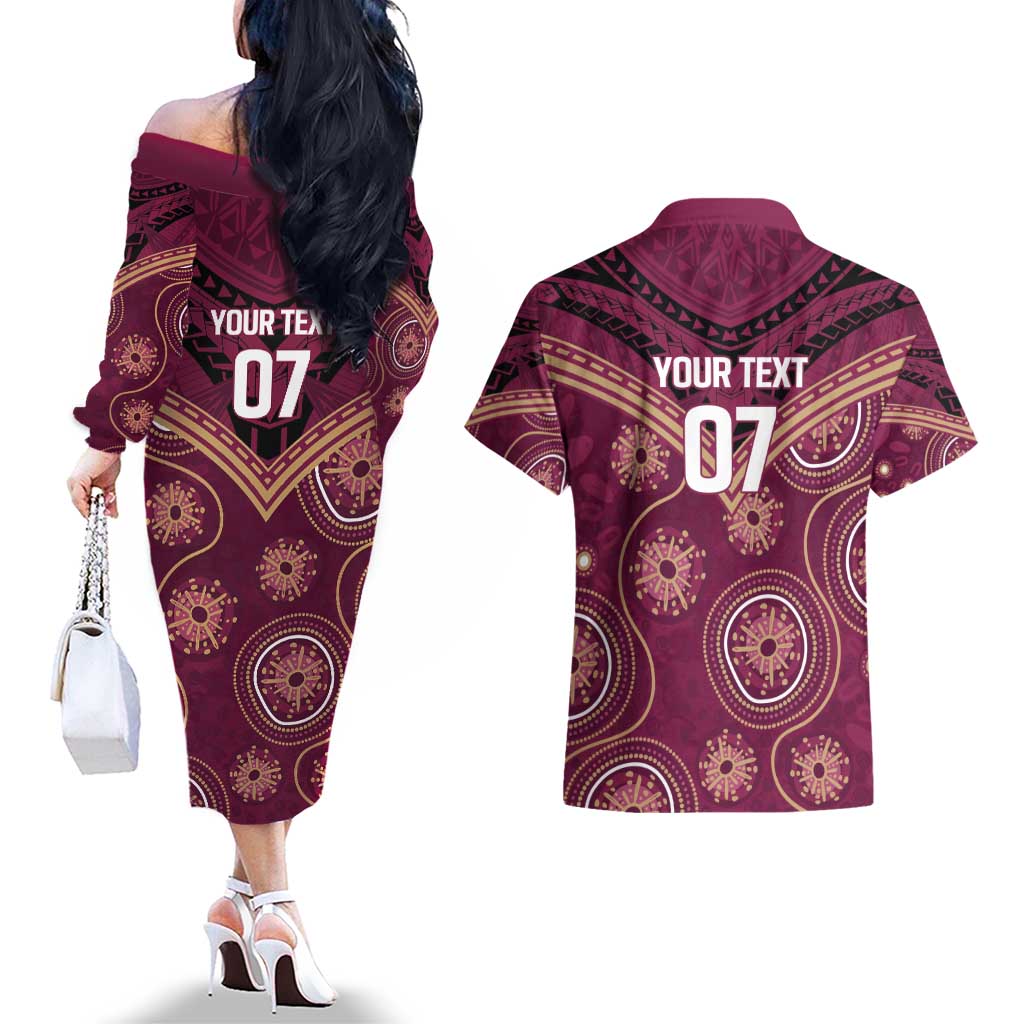 Personalized Australia QLD Maroons Couples Matching Off The Shoulder Long Sleeve Dress and Hawaiian Shirt Indigenous Aboriginal Mix Polynesian Motifs