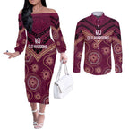 Personalized Australia QLD Maroons Couples Matching Off The Shoulder Long Sleeve Dress and Long Sleeve Button Shirt Indigenous Aboriginal Mix Polynesian Motifs