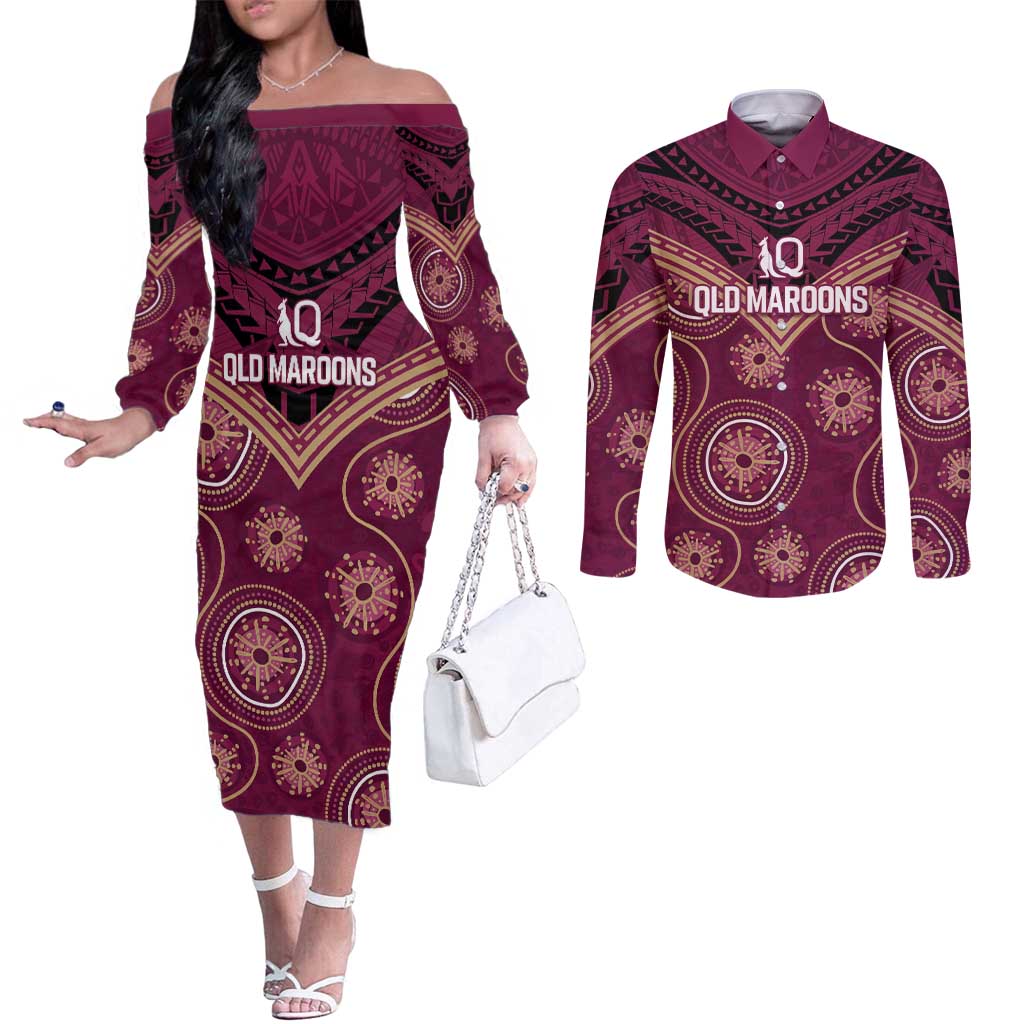 Personalized Australia QLD Maroons Couples Matching Off The Shoulder Long Sleeve Dress and Long Sleeve Button Shirt Indigenous Aboriginal Mix Polynesian Motifs