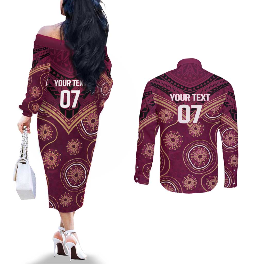 Personalized Australia QLD Maroons Couples Matching Off The Shoulder Long Sleeve Dress and Long Sleeve Button Shirt Indigenous Aboriginal Mix Polynesian Motifs