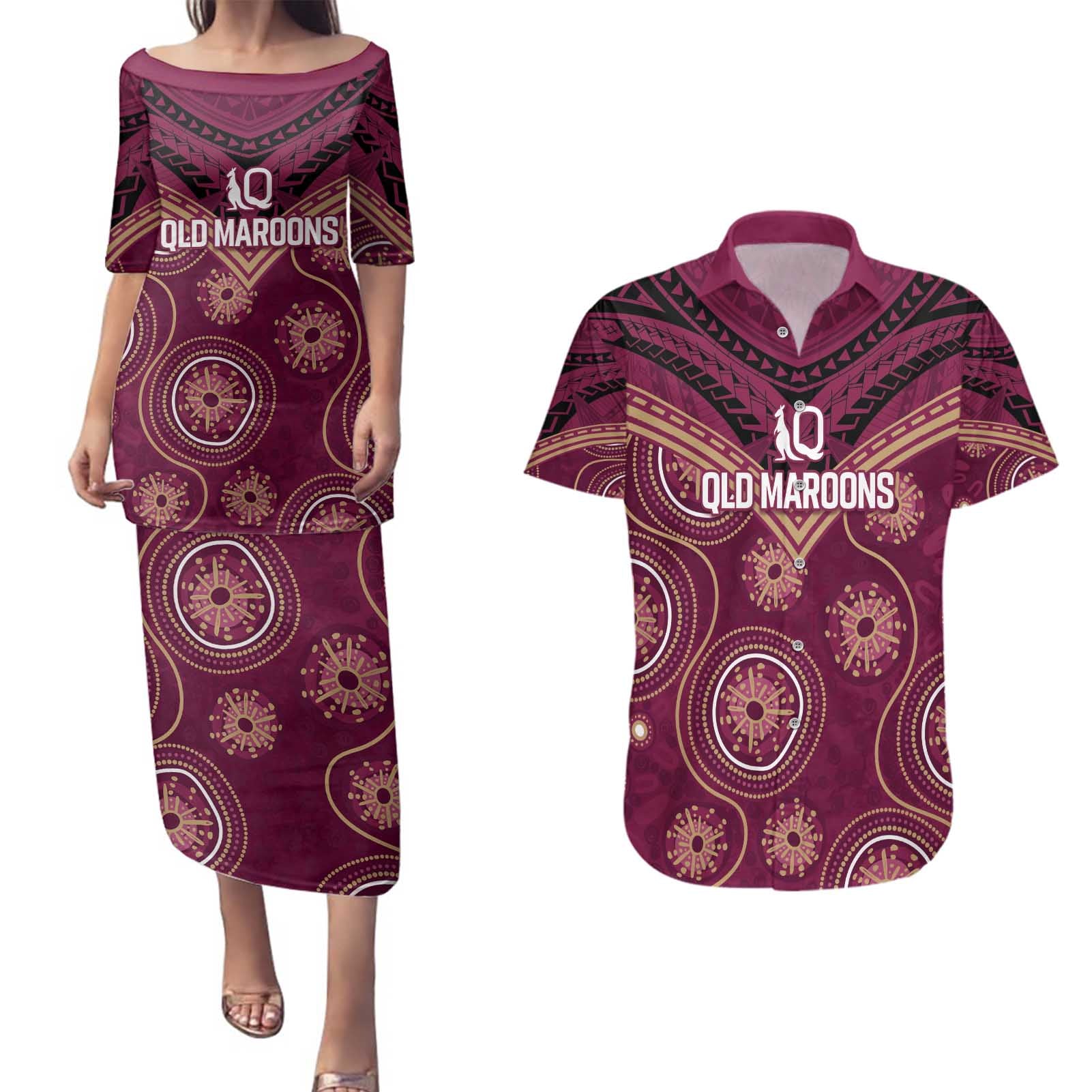 Personalized Australia QLD Maroons Couples Matching Puletasi and Hawaiian Shirt Indigenous Aboriginal Mix Polynesian Motifs