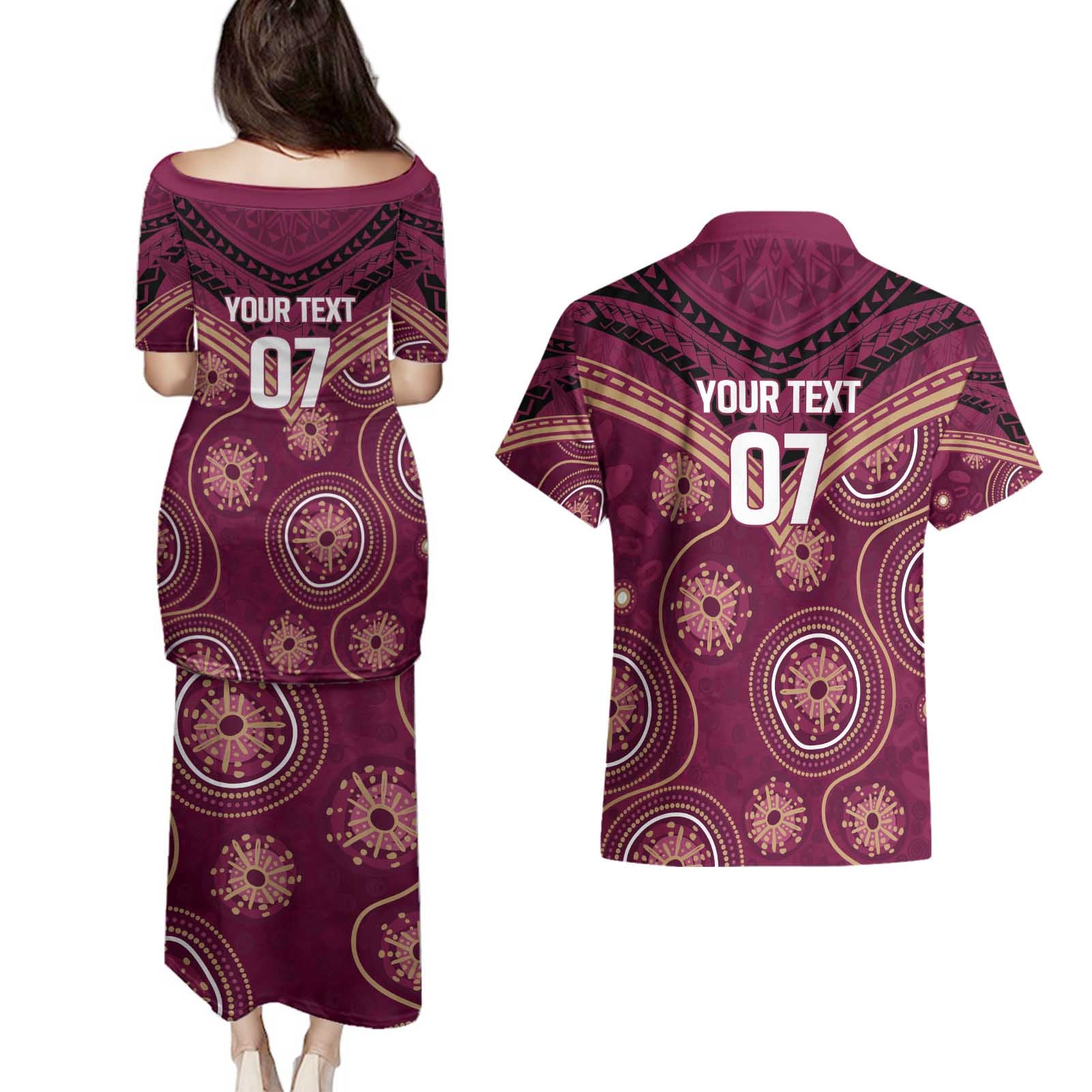 Personalized Australia QLD Maroons Couples Matching Puletasi and Hawaiian Shirt Indigenous Aboriginal Mix Polynesian Motifs