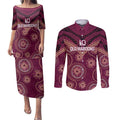 Personalized Australia QLD Maroons Couples Matching Puletasi and Long Sleeve Button Shirt Indigenous Aboriginal Mix Polynesian Motifs