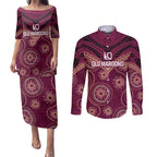 Personalized Australia QLD Maroons Couples Matching Puletasi and Long Sleeve Button Shirt Indigenous Aboriginal Mix Polynesian Motifs