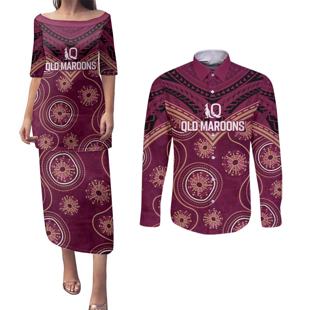 Personalized Australia QLD Maroons Couples Matching Puletasi and Long Sleeve Button Shirt Indigenous Aboriginal Mix Polynesian Motifs