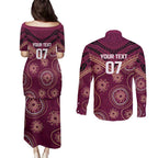 Personalized Australia QLD Maroons Couples Matching Puletasi and Long Sleeve Button Shirt Indigenous Aboriginal Mix Polynesian Motifs