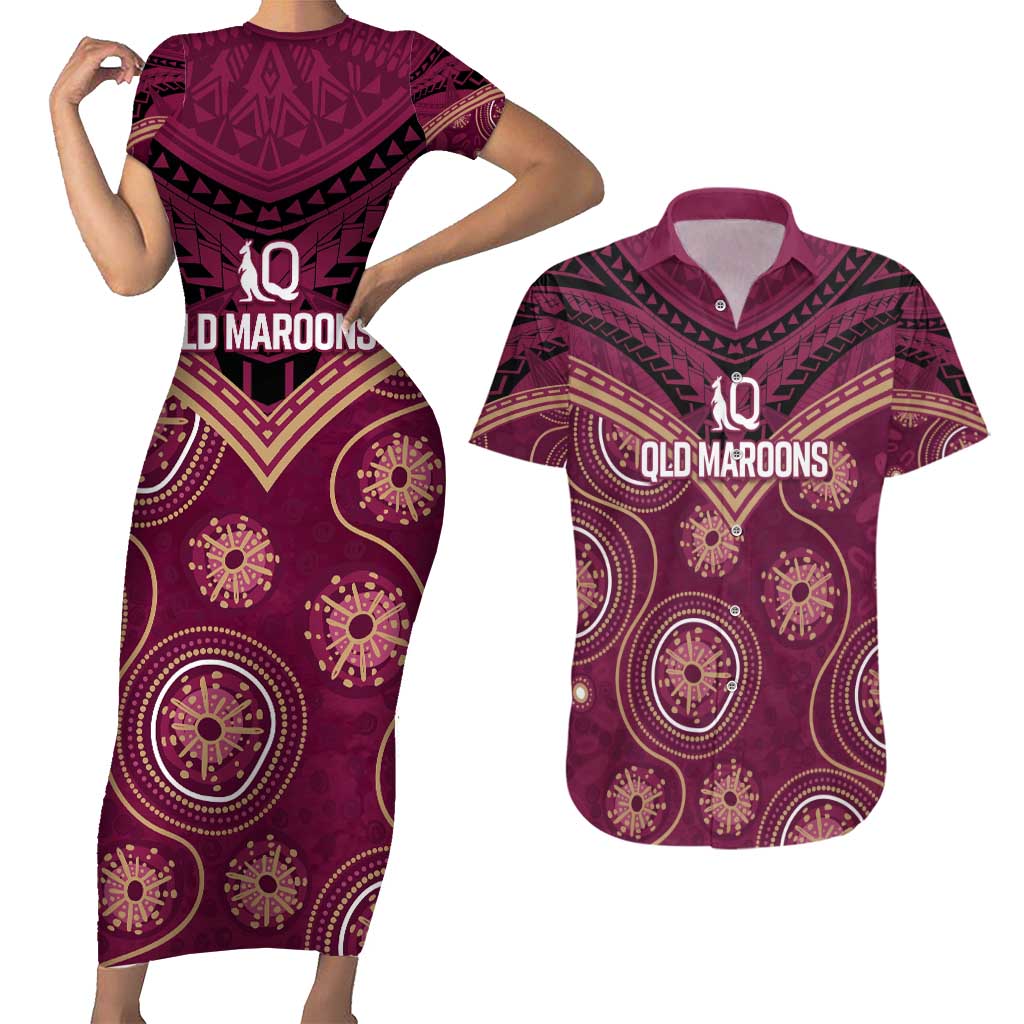 Personalized Australia QLD Maroons Couples Matching Short Sleeve Bodycon Dress and Hawaiian Shirt Indigenous Aboriginal Mix Polynesian Motifs