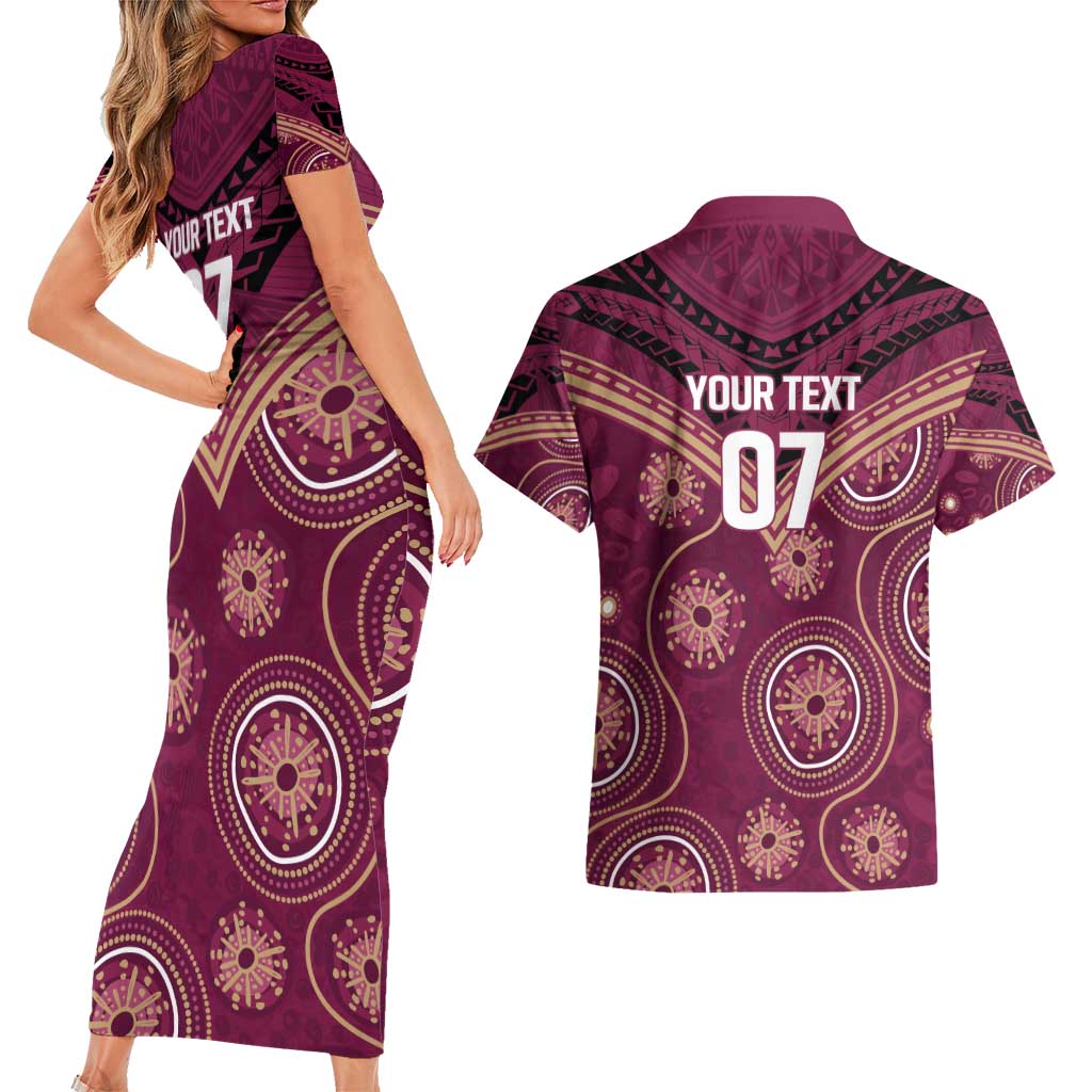 Personalized Australia QLD Maroons Couples Matching Short Sleeve Bodycon Dress and Hawaiian Shirt Indigenous Aboriginal Mix Polynesian Motifs