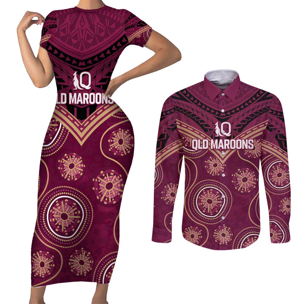 Personalized Australia QLD Maroons Couples Matching Short Sleeve Bodycon Dress and Long Sleeve Button Shirt Indigenous Aboriginal Mix Polynesian Motifs