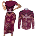 Personalized Australia QLD Maroons Couples Matching Short Sleeve Bodycon Dress and Long Sleeve Button Shirt Indigenous Aboriginal Mix Polynesian Motifs