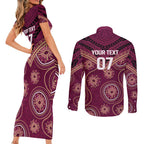 Personalized Australia QLD Maroons Couples Matching Short Sleeve Bodycon Dress and Long Sleeve Button Shirt Indigenous Aboriginal Mix Polynesian Motifs