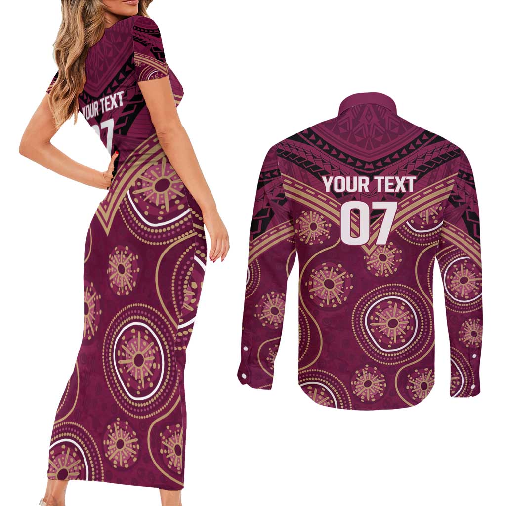 Personalized Australia QLD Maroons Couples Matching Short Sleeve Bodycon Dress and Long Sleeve Button Shirt Indigenous Aboriginal Mix Polynesian Motifs
