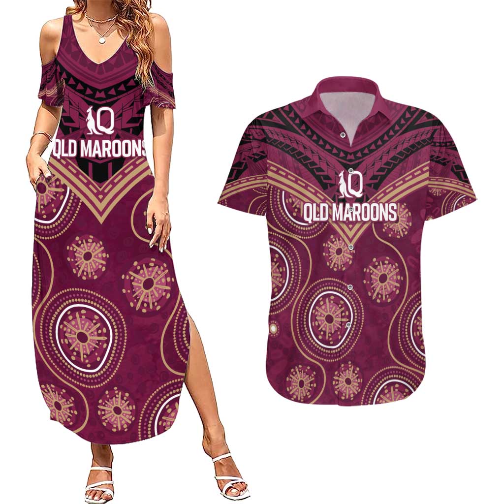 Personalized Australia QLD Maroons Couples Matching Summer Maxi Dress and Hawaiian Shirt Indigenous Aboriginal Mix Polynesian Motifs