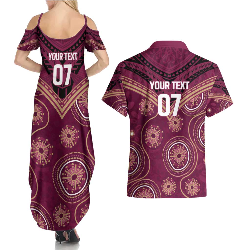 Personalized Australia QLD Maroons Couples Matching Summer Maxi Dress and Hawaiian Shirt Indigenous Aboriginal Mix Polynesian Motifs