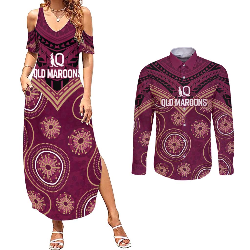 Personalized Australia QLD Maroons Couples Matching Summer Maxi Dress and Long Sleeve Button Shirt Indigenous Aboriginal Mix Polynesian Motifs