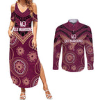 Personalized Australia QLD Maroons Couples Matching Summer Maxi Dress and Long Sleeve Button Shirt Indigenous Aboriginal Mix Polynesian Motifs