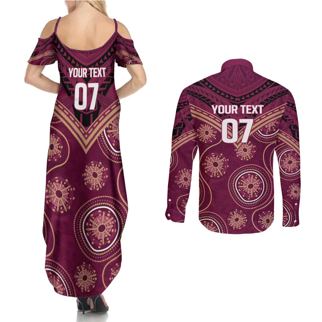 Personalized Australia QLD Maroons Couples Matching Summer Maxi Dress and Long Sleeve Button Shirt Indigenous Aboriginal Mix Polynesian Motifs