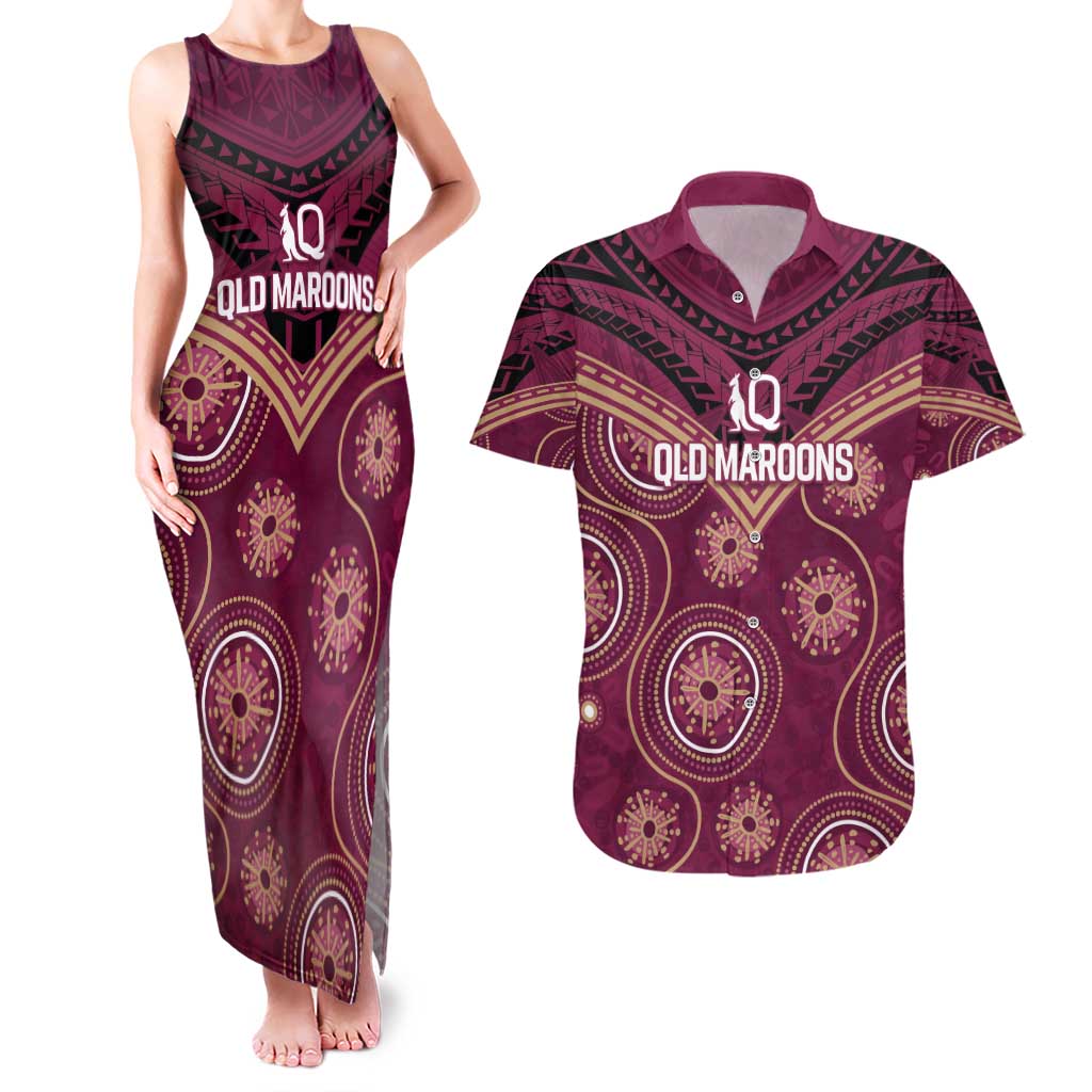 Personalized Australia QLD Maroons Couples Matching Tank Maxi Dress and Hawaiian Shirt Indigenous Aboriginal Mix Polynesian Motifs