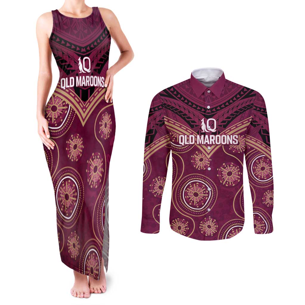 Personalized Australia QLD Maroons Couples Matching Tank Maxi Dress and Long Sleeve Button Shirt Indigenous Aboriginal Mix Polynesian Motifs