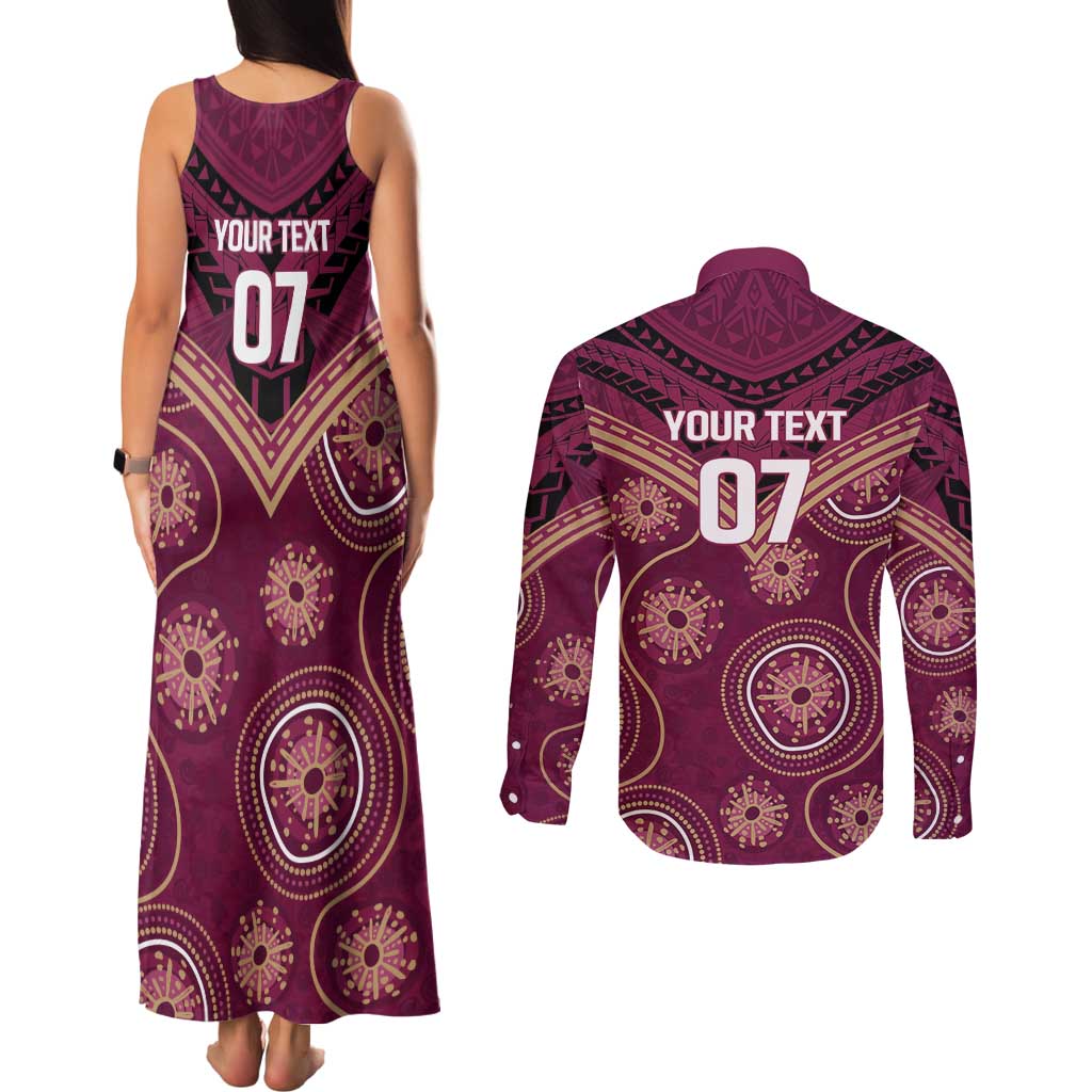 Personalized Australia QLD Maroons Couples Matching Tank Maxi Dress and Long Sleeve Button Shirt Indigenous Aboriginal Mix Polynesian Motifs