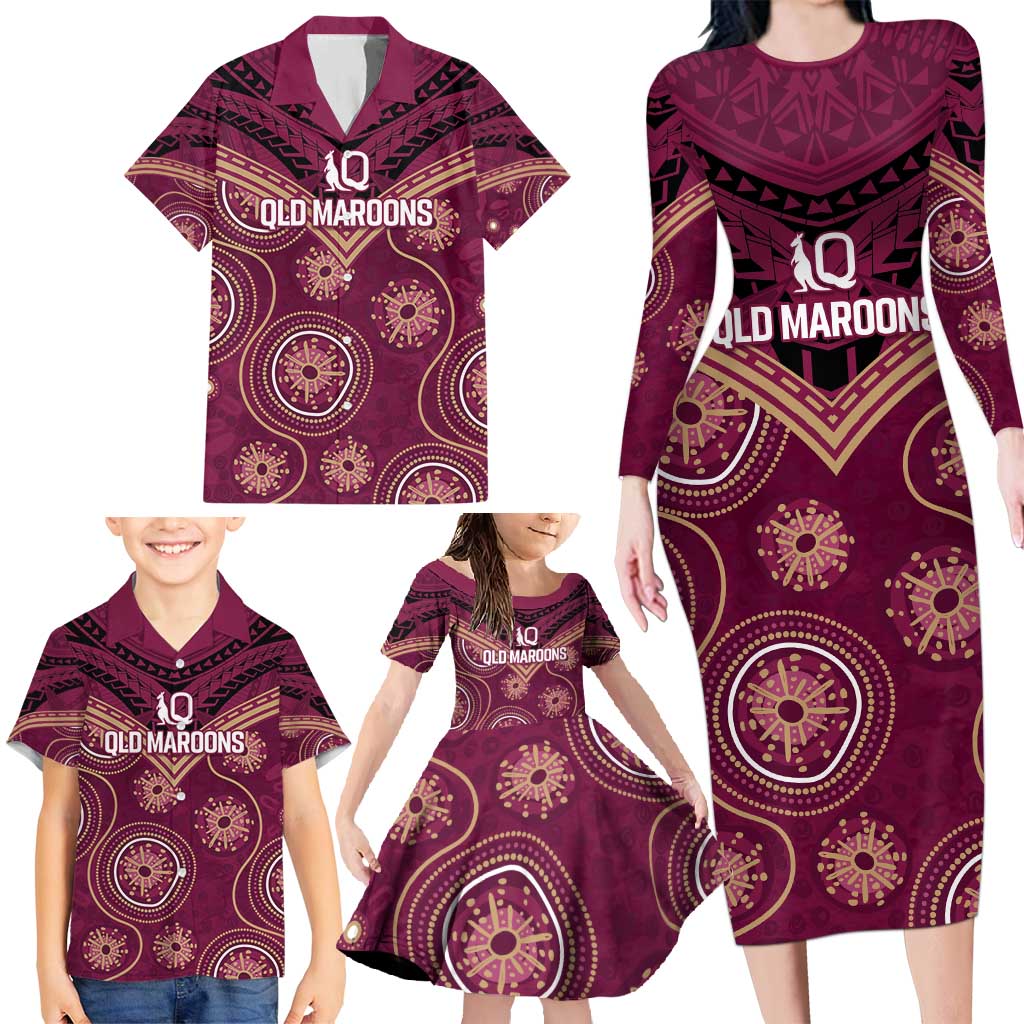 Personalized Australia QLD Maroons Family Matching Long Sleeve Bodycon Dress and Hawaiian Shirt Indigenous Aboriginal Mix Polynesian Motifs