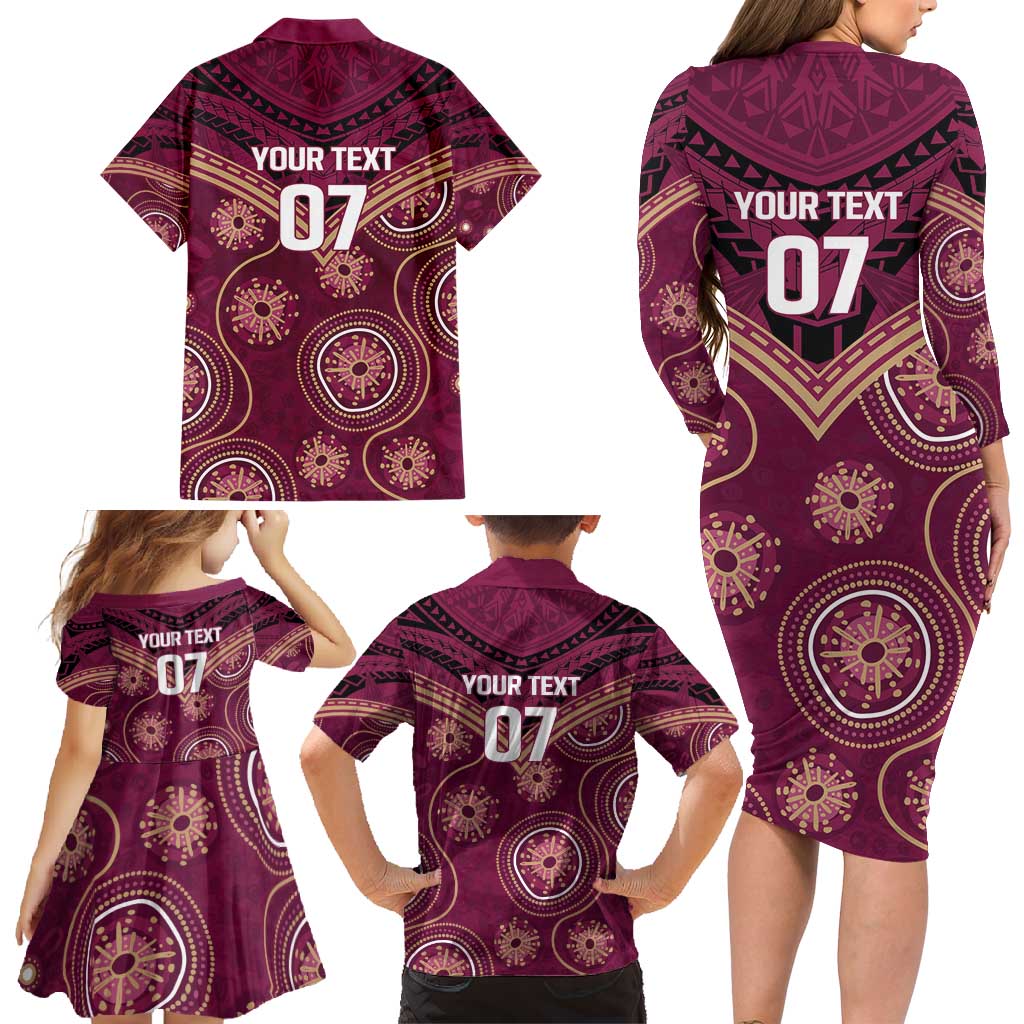 Personalized Australia QLD Maroons Family Matching Long Sleeve Bodycon Dress and Hawaiian Shirt Indigenous Aboriginal Mix Polynesian Motifs