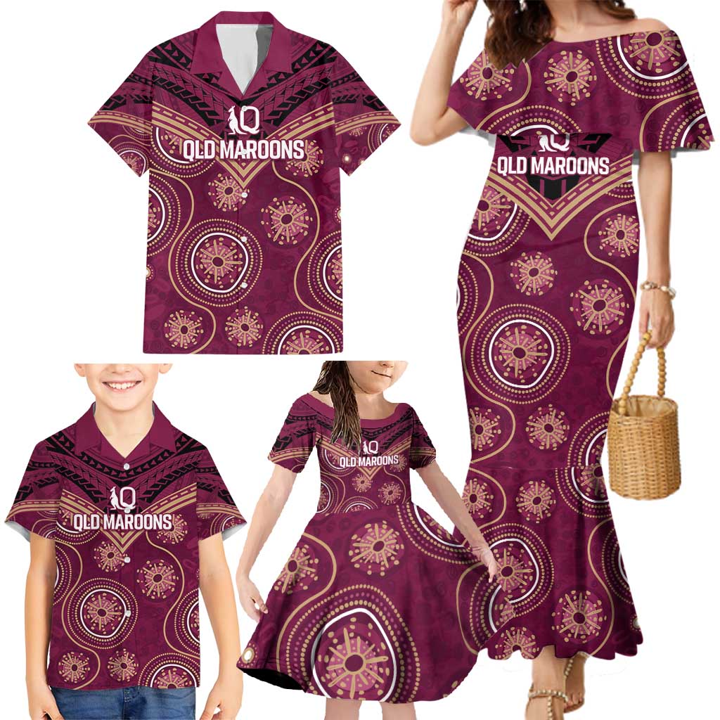 Personalized Australia QLD Maroons Family Matching Mermaid Dress and Hawaiian Shirt Indigenous Aboriginal Mix Polynesian Motifs