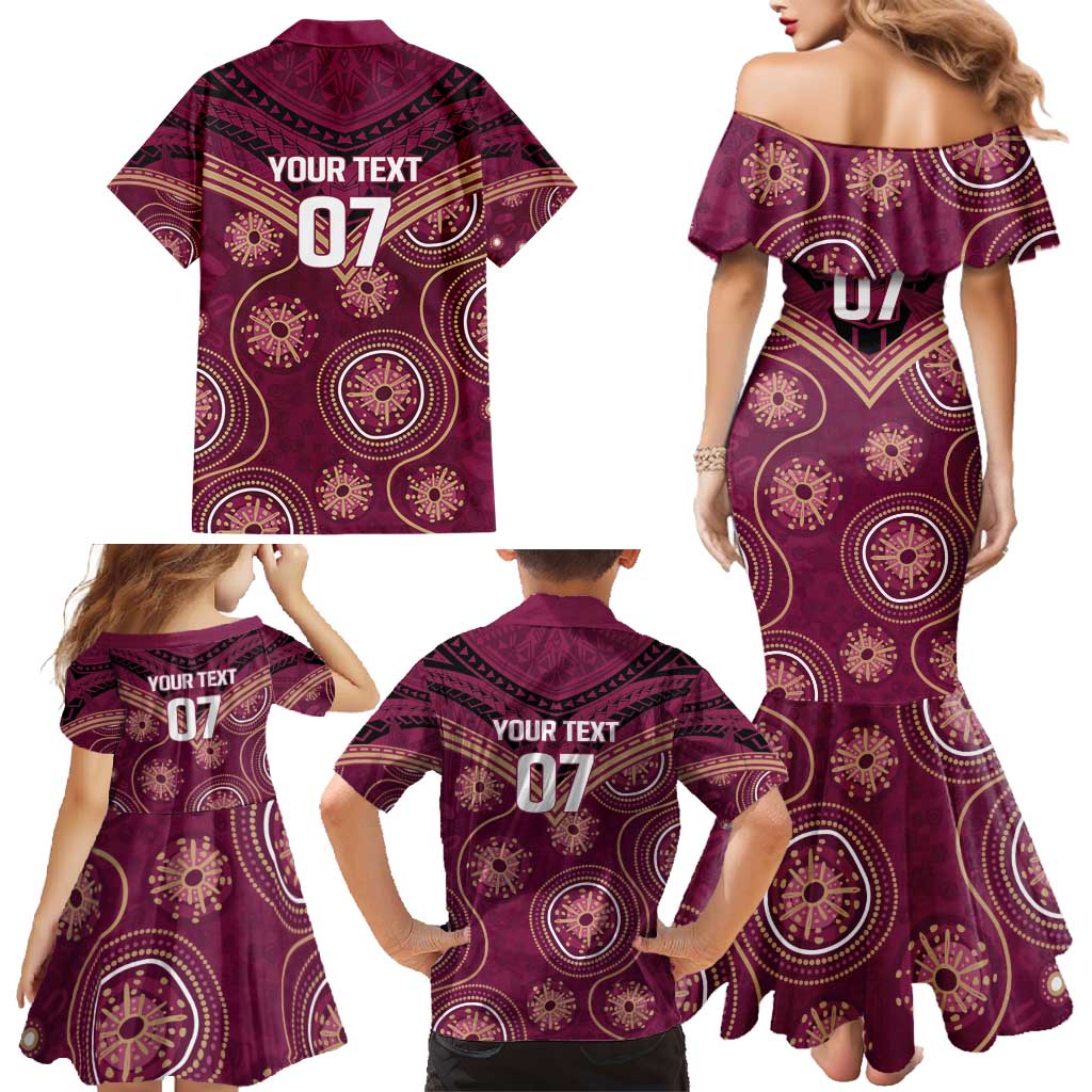 Personalized Australia QLD Maroons Family Matching Mermaid Dress and Hawaiian Shirt Indigenous Aboriginal Mix Polynesian Motifs