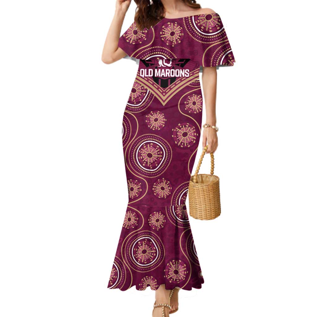 Personalized Australia QLD Maroons Family Matching Mermaid Dress and Hawaiian Shirt Indigenous Aboriginal Mix Polynesian Motifs
