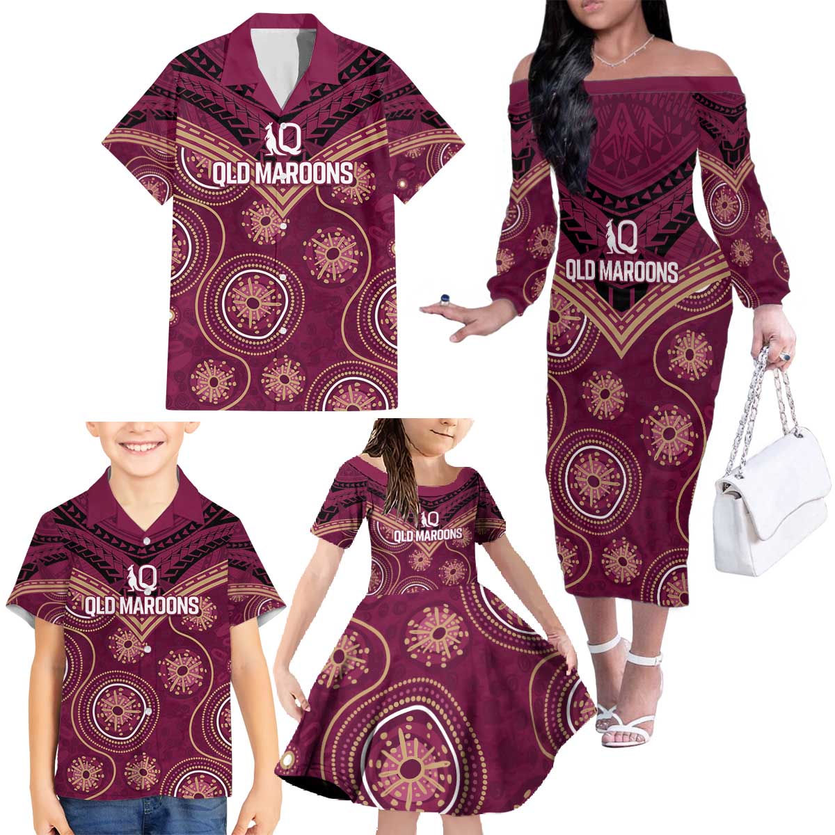 Personalized Australia QLD Maroons Family Matching Off The Shoulder Long Sleeve Dress and Hawaiian Shirt Indigenous Aboriginal Mix Polynesian Motifs