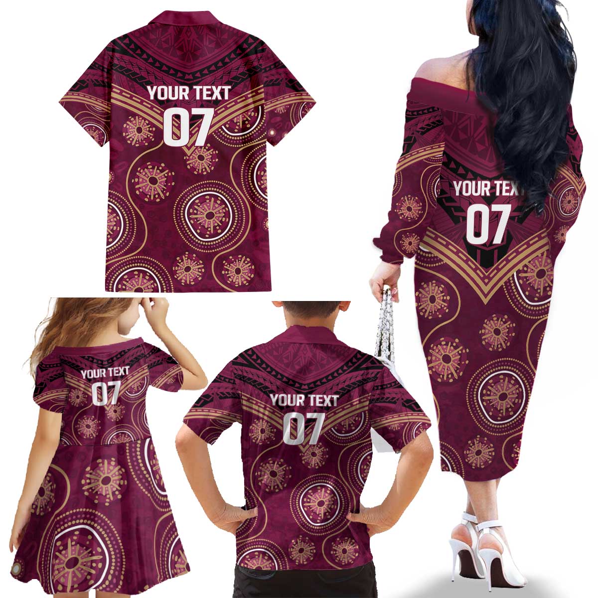 Personalized Australia QLD Maroons Family Matching Off The Shoulder Long Sleeve Dress and Hawaiian Shirt Indigenous Aboriginal Mix Polynesian Motifs
