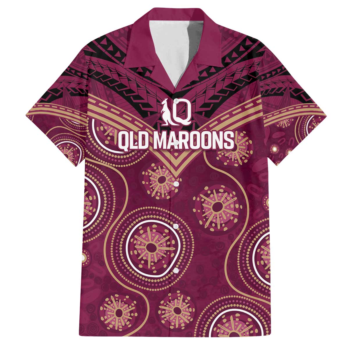 Personalized Australia QLD Maroons Family Matching Off The Shoulder Long Sleeve Dress and Hawaiian Shirt Indigenous Aboriginal Mix Polynesian Motifs